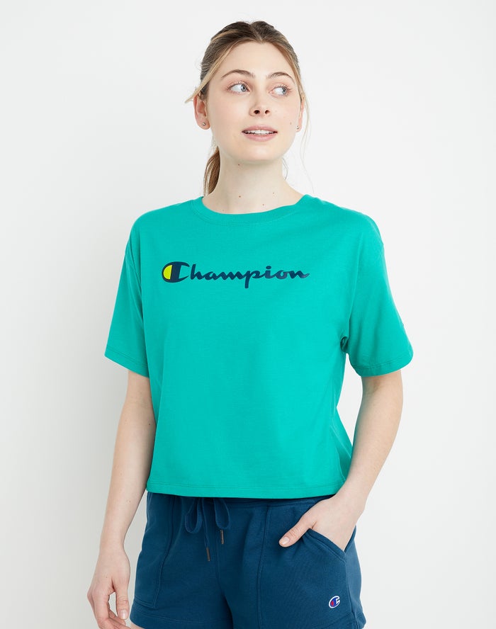 Champion Womens T-Shirt NZ - Cropped Script Logo Turquoise ( 1605-TRJBM )